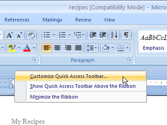 Word 2010窗口中的快速访问工具栏中的按钮