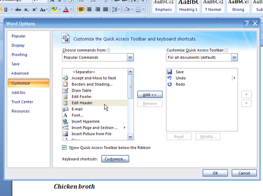 Word 2010窗口中的快速访问工具栏中的按钮